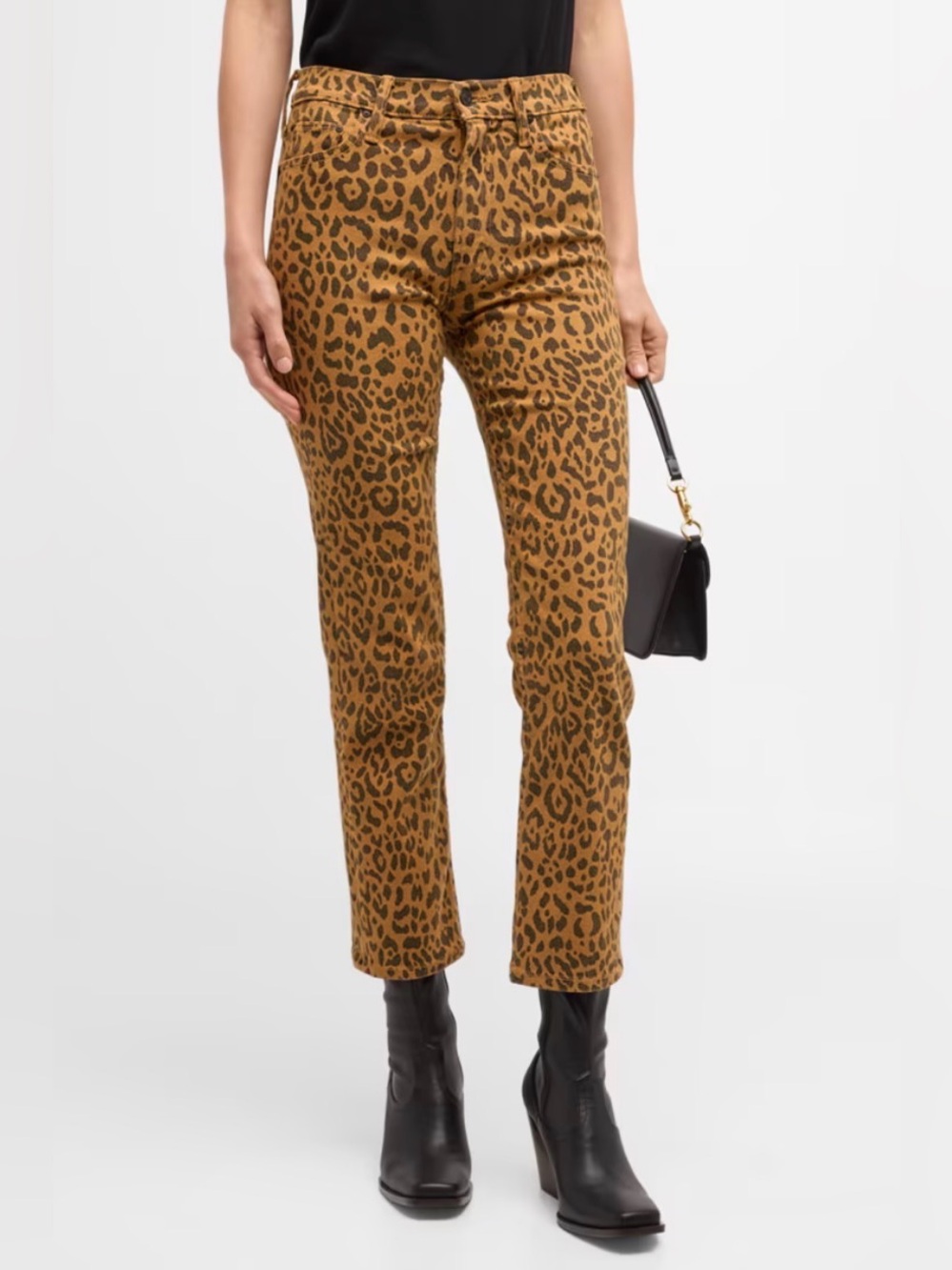 MOTHER Leopard Print Mid Rise Rider Ankle Straight Leg Jeans - Brown/Black